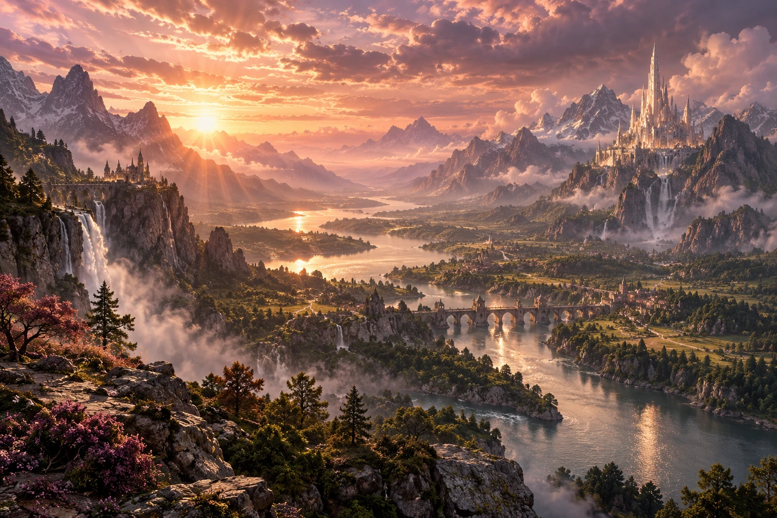A luminous fantasy kingdom above a vast river valley